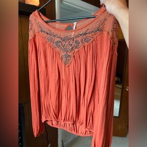 Free People Pink Embellished Blouse with Pleated Sleeves